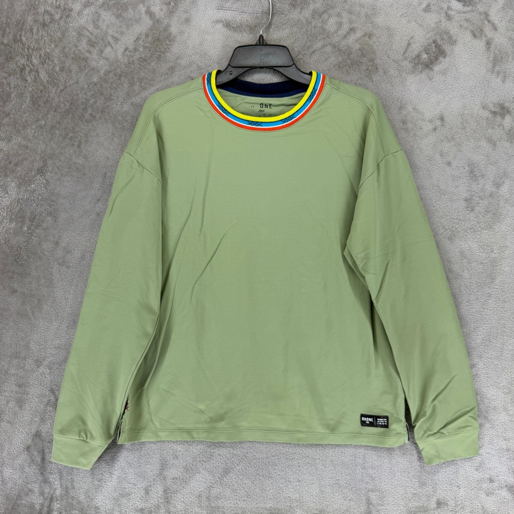 Rhone One Shirt Mens Medium Green Long Sleeve Crewneck Striped Collar 100631